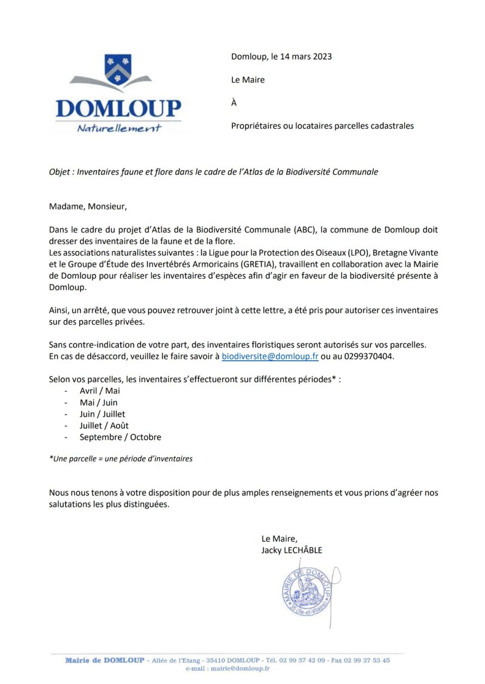 Courrier à destination des propriétaires de parcelles concernées par des inventaires naturalistes