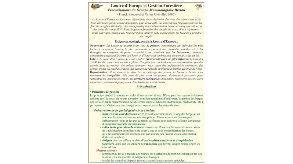Loutre d'Europe et gestion forestière: préconisations du Groupe Mammalogique Breton