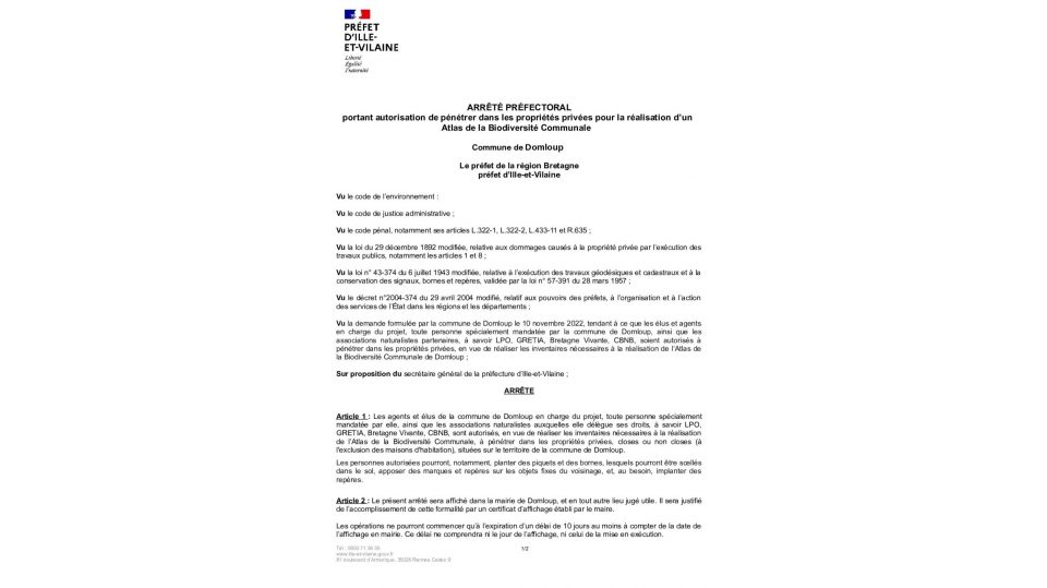Arrêté préfectoral portant autorisation de pénétrer dans les propriétés privées pour la réalisation d'un Atlas de la Biodiversité Communale