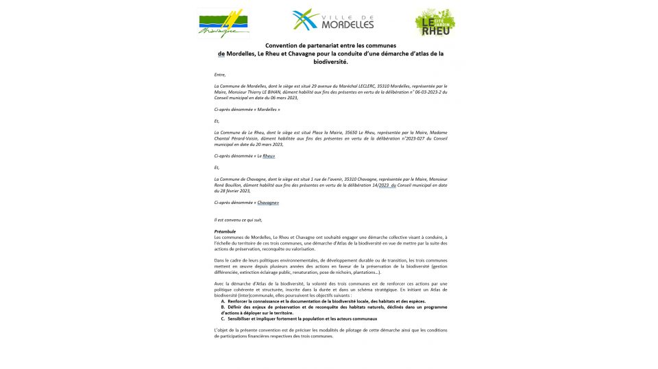 Convention de partenariat entre les communes de Mordelles, Le Rheu et Chavagne pour la conduite d’une démarche d’Atlas de la biodiversité
